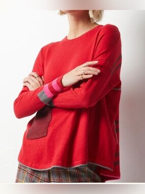 Zaket & Plover Birdseye Trim Sweater Size XS Raspberry Red Cotton Cashmere